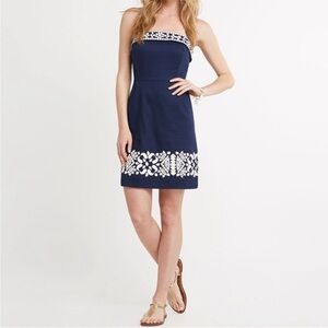 Vineyard Vines Medallion Embroidered Strapless Dress Navy Blue Nautical Preppy